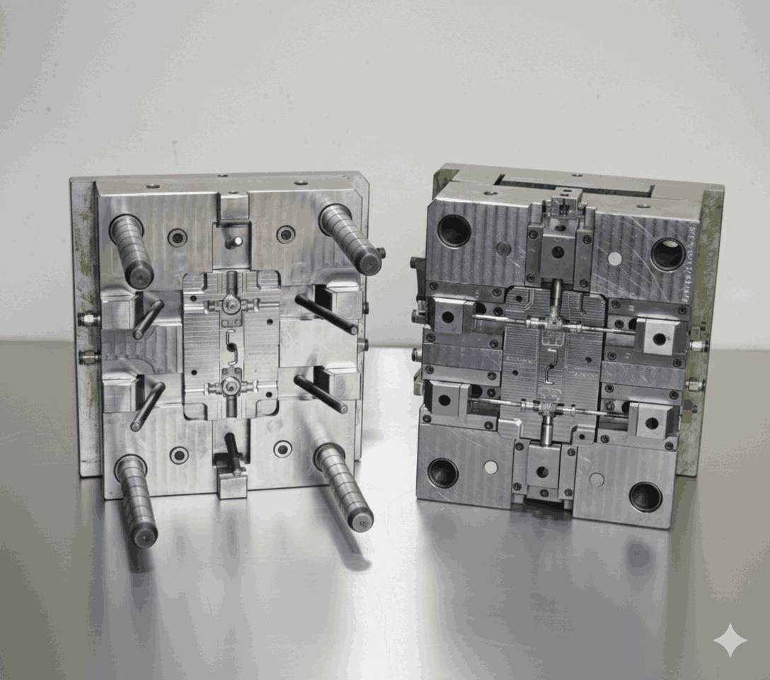 Injection molded plastic components on a production line ready for quality inspection and export packing