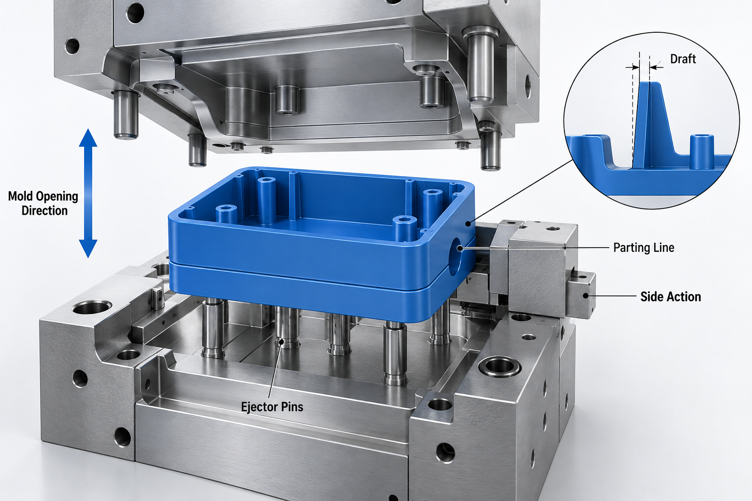 Ejector pins releasing plastic part from open injection mold core and cavity