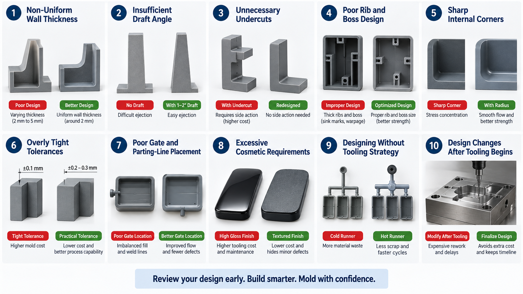 Precision injection mold cavity steel block inspection and CAD review