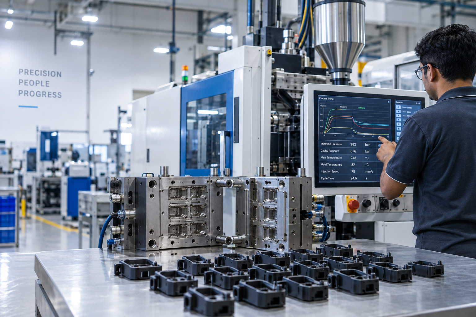 Engineer reviewing scientific injection molding process data on a machine controller