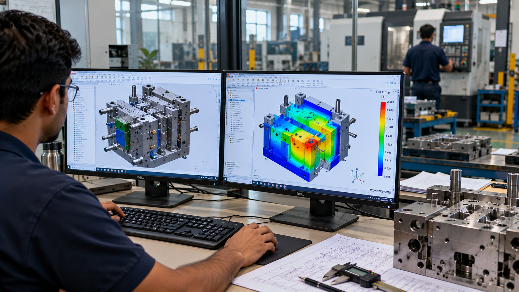Engineer reviewing colour-mapped injection mold flow simulation results on a workstation display