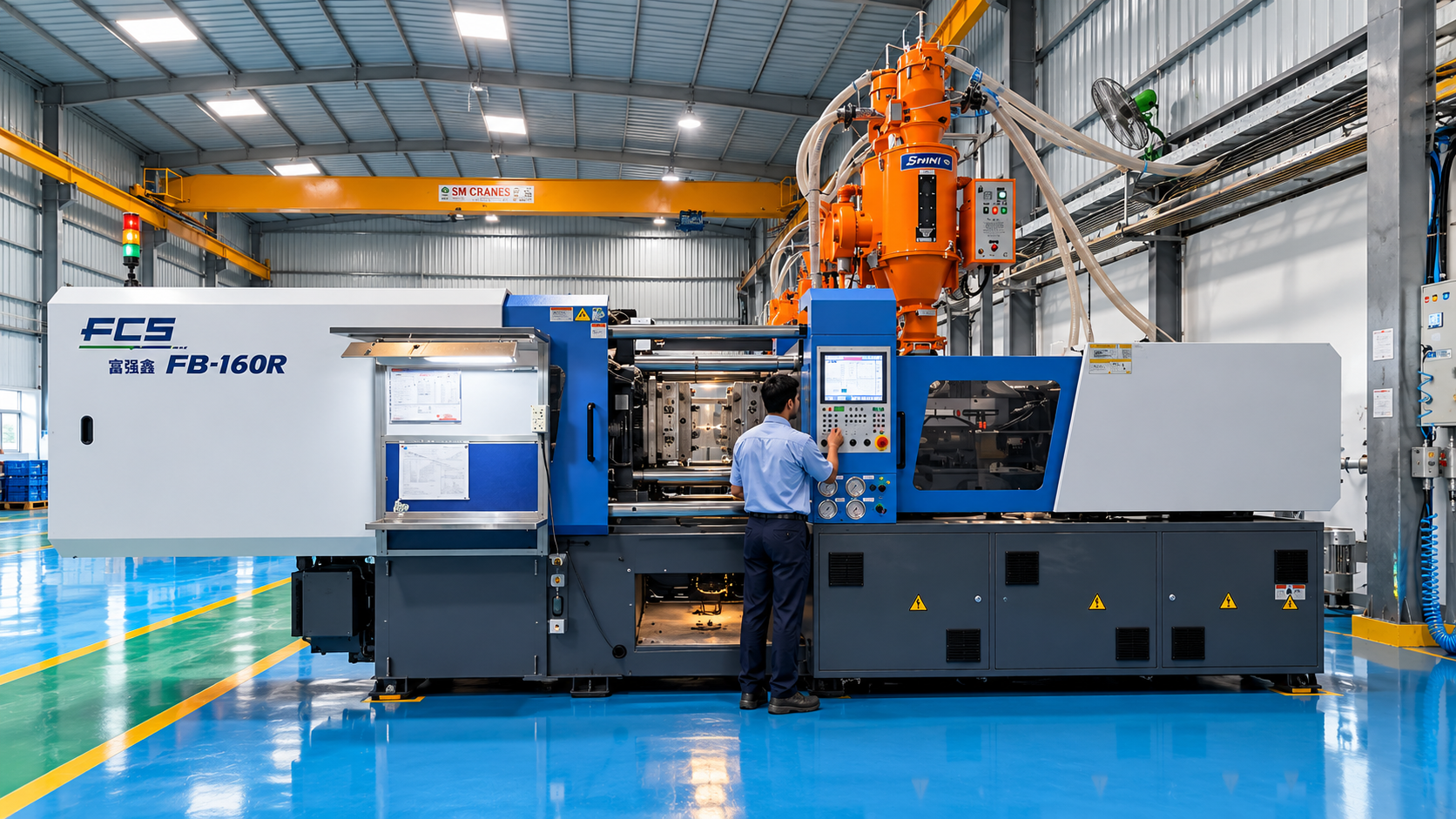 Injection molding shop floor with real-time OEE dashboard displaying live production data