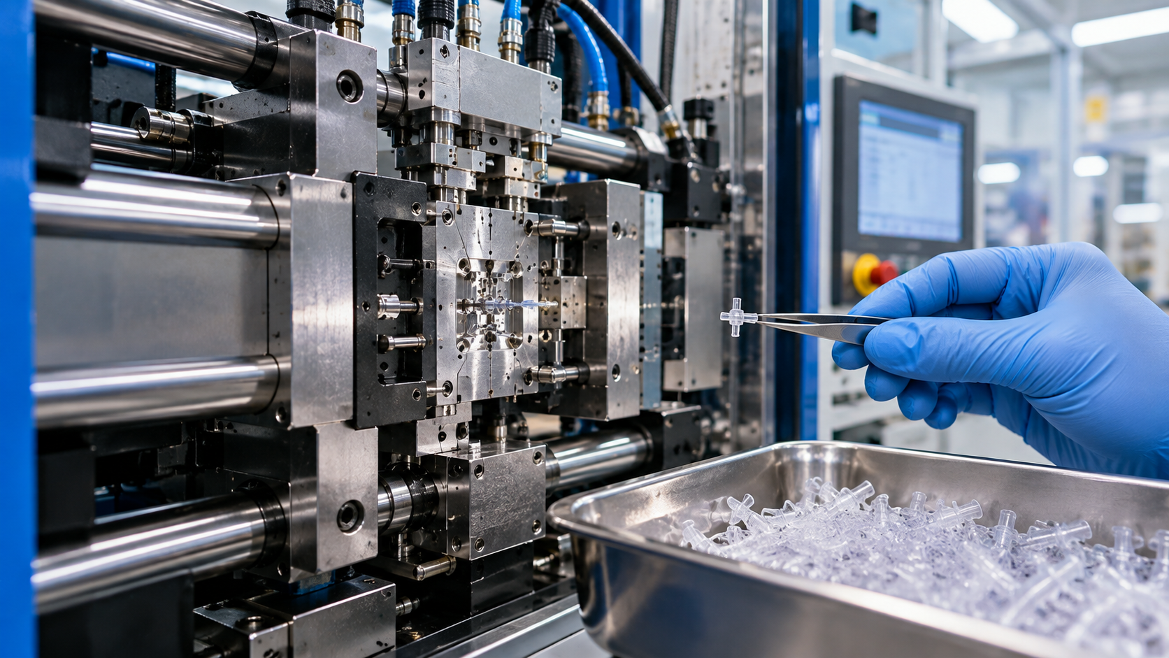 Micro injection molded medical microfluidic cartridge with micron-scale channels held in a technician's gloved hand