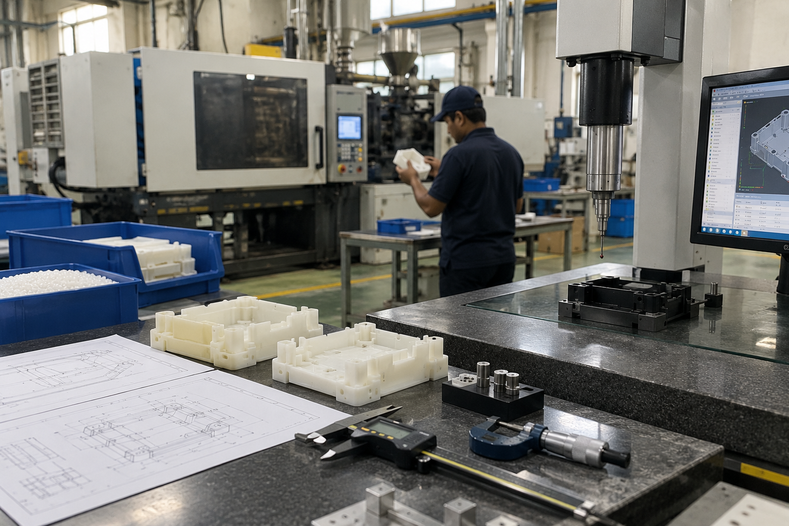 Quality technician measuring an injection molded part on a coordinate measuring machine
