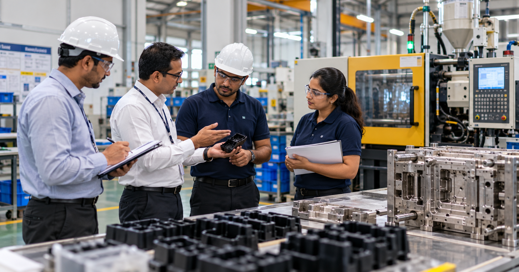 Auditor inspecting injection molding press and quality records on the shop floor